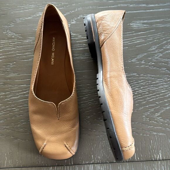 ANTONIO MELANI Women’s Tan Camel Leather Flats Slip On Comfort Shoes Size 7.5M - Picture 3 of 12